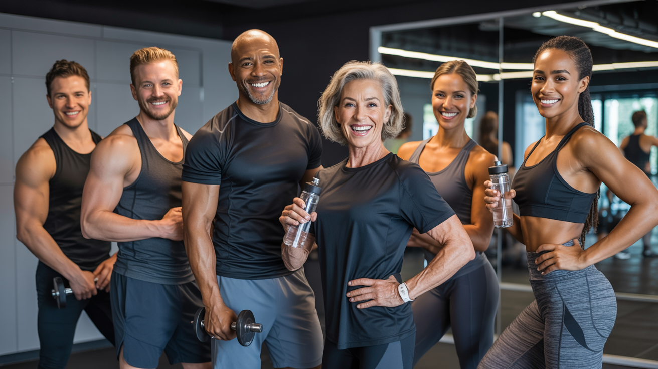 A diverse group of adults smiling together after a workout in a modern gym