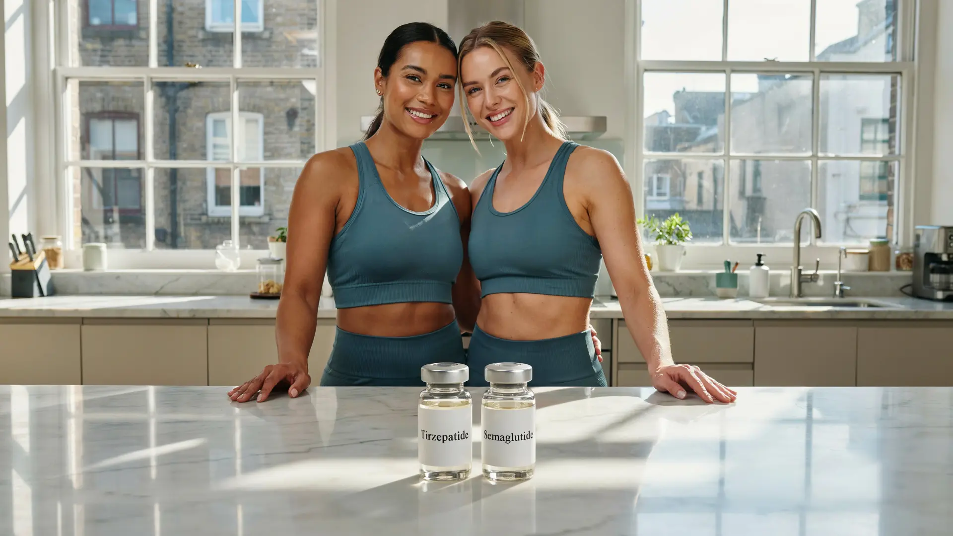 Two women talking in a bright kitchen with a medication vial on the counter