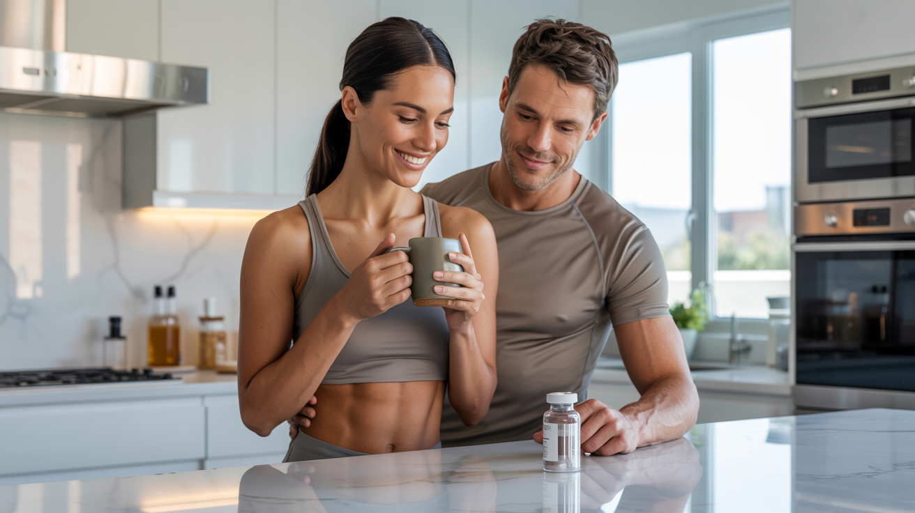 A couple standing together in a bright, modern kitchen