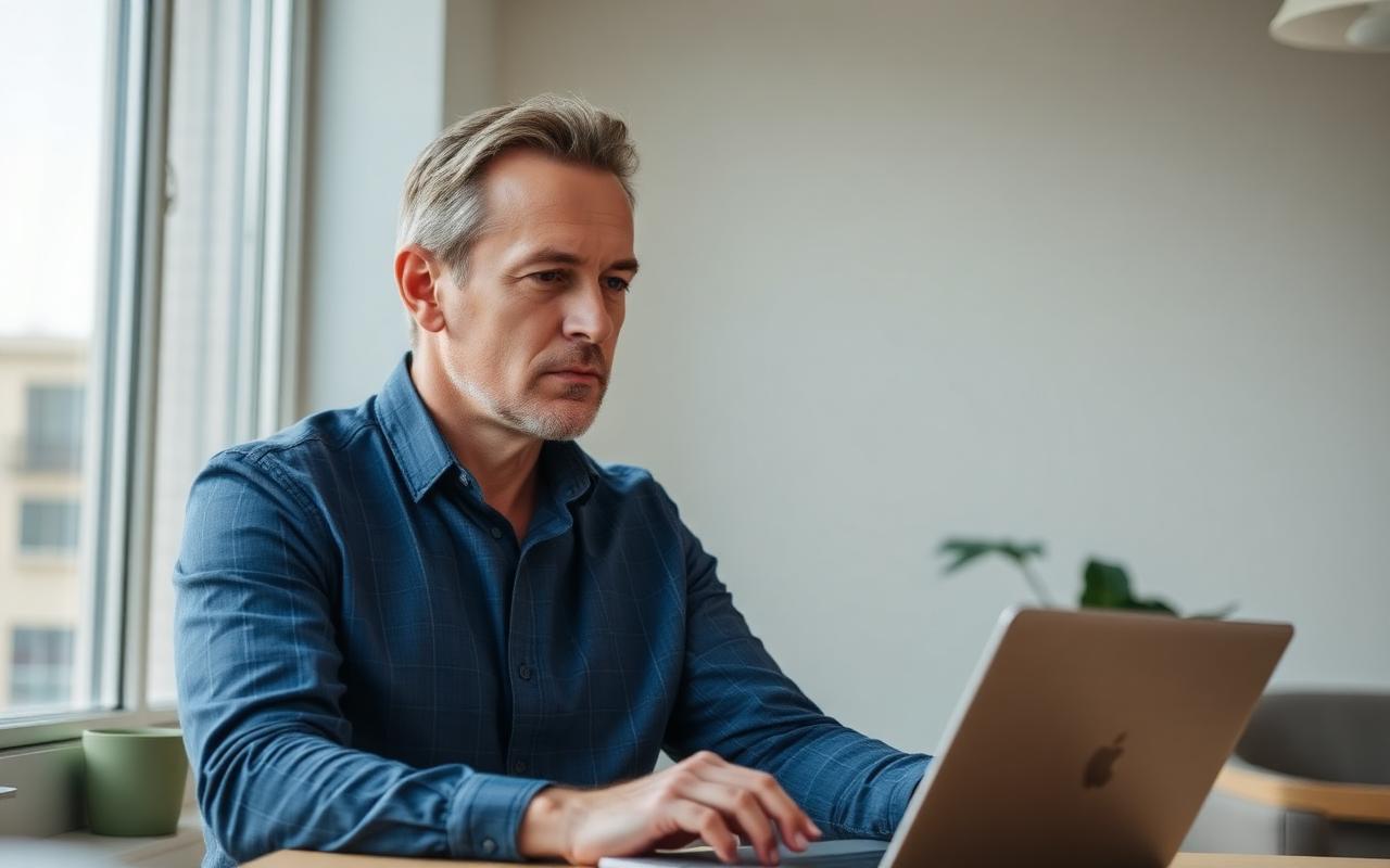 Focused man working at a bright desk by a window