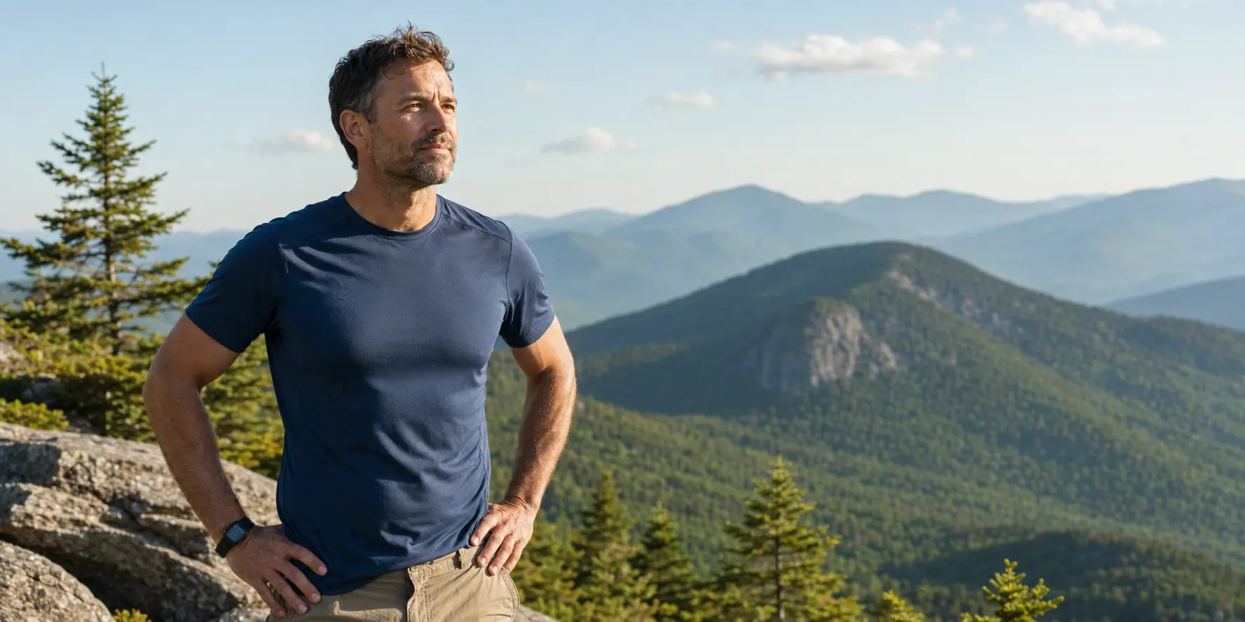 Man standing on a mountain summit at sunrise
