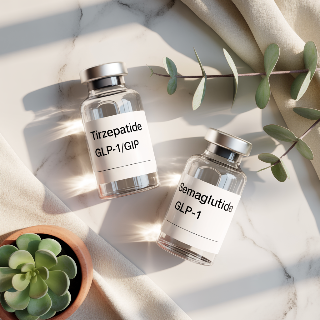 Clinician-prescribed GLP-1 medication vials on a marble surface